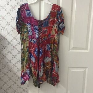 Boho Sacred Threads Rayon L/XL Colorful  Patchwork Asymmetrical Tunic Top NWT.
